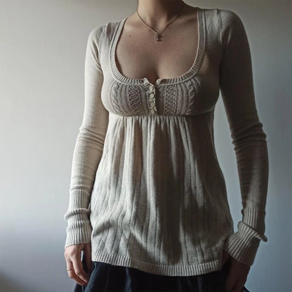 2000s Vintage Long Sleeve Babydoll Knitted Sweater Tops Cottage Milkmaid Pullovers Aesthetic Grunge Y2k Knitwear T-shirts Women