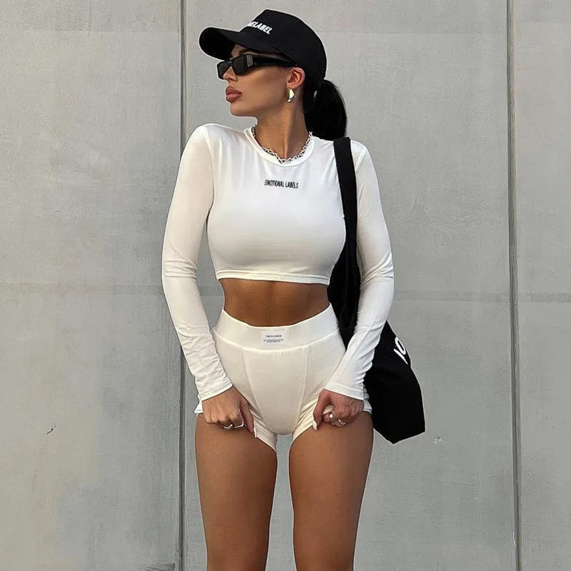 European and American Spring/Summer Round Neck Long Short sleeved 3/4 Shorts Two piece Women’s Fashion Sports Versatile Set
