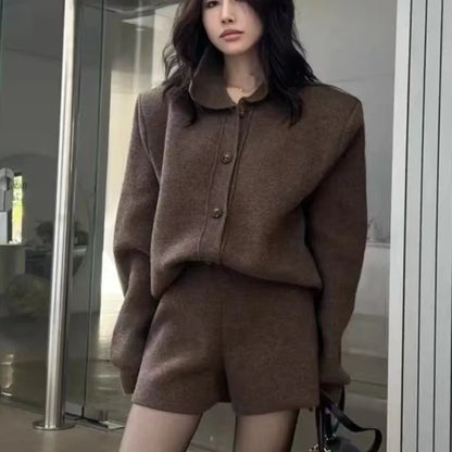 Autumn Winter New Two-piece Knitted Sets Single Breasted Sweater Top High Waist Shorts Korean Fashion Casual Outfits Solid Suit