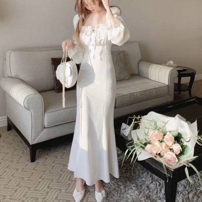 Autumn New Bodycon Midi Dresses for Women Puff Sleeve Square Collar High Split Office Lady Korean Fashion Evening Party Dress