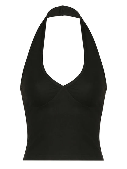 Tops halter sexys sin espalda para mujer, camiseta sin mangas ajustada con cuello en V básica lisa negra, top corto elegante, camisetas de calle de verano