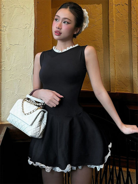 Autumn Lace Patchwork Mini Dress For Women Ruffled Sleeveless Elegant Slim Party Dress Gown Female Luxury High Waist Dress