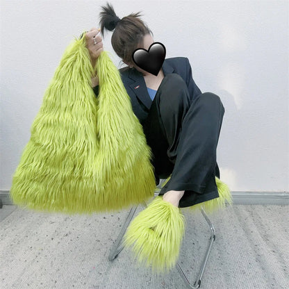 00s Cool Y2k Street Girls Hot Fluffy Furry Shoulder Bag Women Luxury Brand Fashion Faux Fur Hobos Big Tote Bag Harajuku Handbags