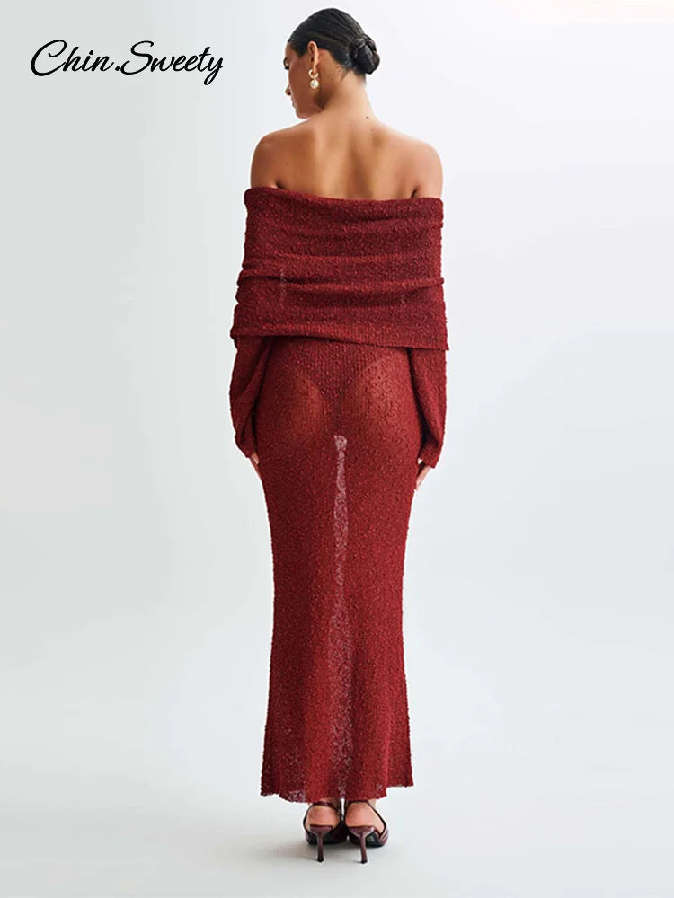 Beach Knitted Off The Shoulder Long Dress Women Slim Flare Sleeve Hollow Out Maxi Dresses 2025 Summer Lady Hip Package Robes