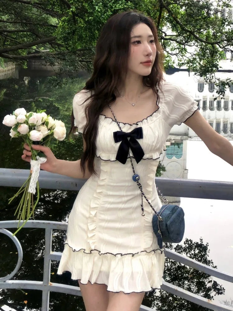 Vestidos cortos con volantes Y2K para mujer, vestido ajustado con hombros descubiertos y mangas abullonadas para fiesta de cumpleaños, moda coreana, nuevos vestidos de verano para mujer