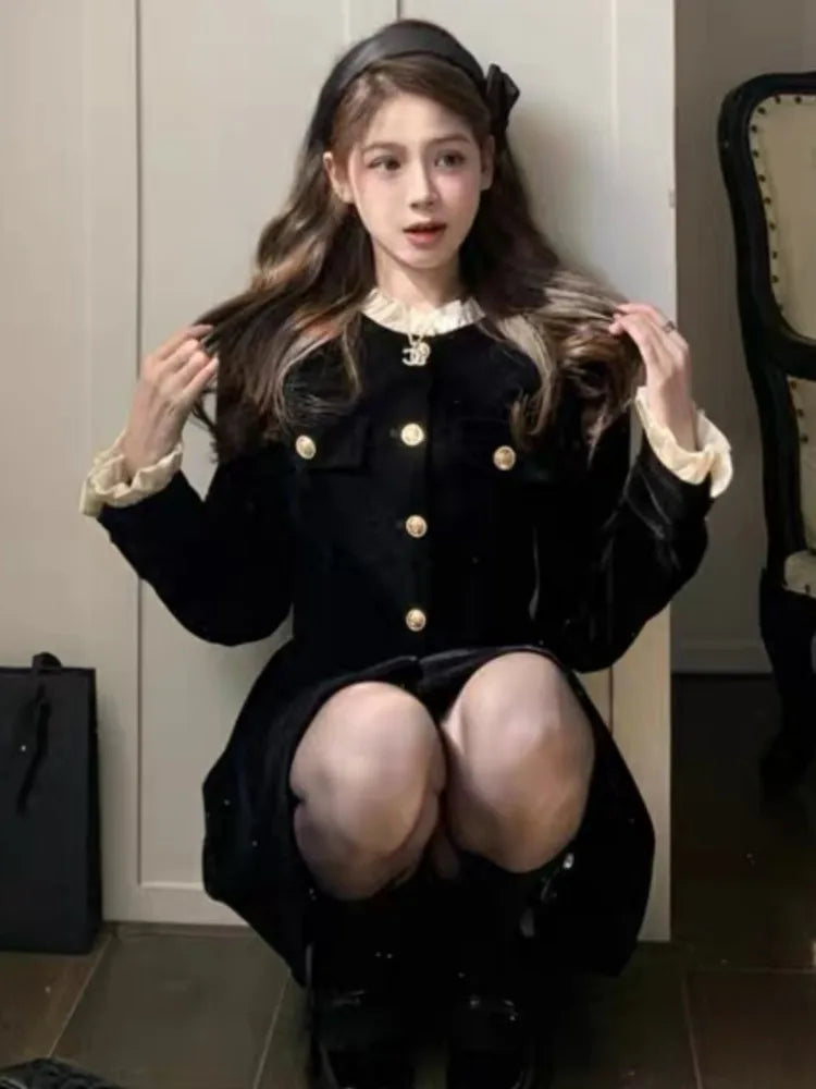 Vestidos de terciopelo negro de otoño para mujer, vestido de fiesta de noche de una sola botonadura de manga larga, moda coreana, vestido de línea A para mujer, nuevo