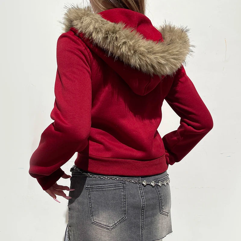 Sudadera con capucha y ribete de piel Y2K con estampado de letras rojas, abrigo con cremallera y bolsillo para mujer, ropa de calle de invierno de los 90, ropa de abrigo vintage