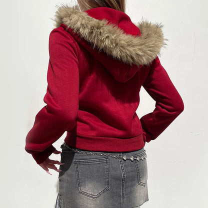 Sudadera con capucha y ribete de piel Y2K con estampado de letras rojas, abrigo con cremallera y bolsillo para mujer, ropa de calle de invierno de los 90, ropa de abrigo vintage