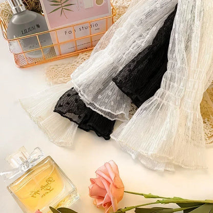 Blusa de verano con cuello alto y malla transparente para mujer, fina, ajustada, con encaje y mangas largas acampanadas