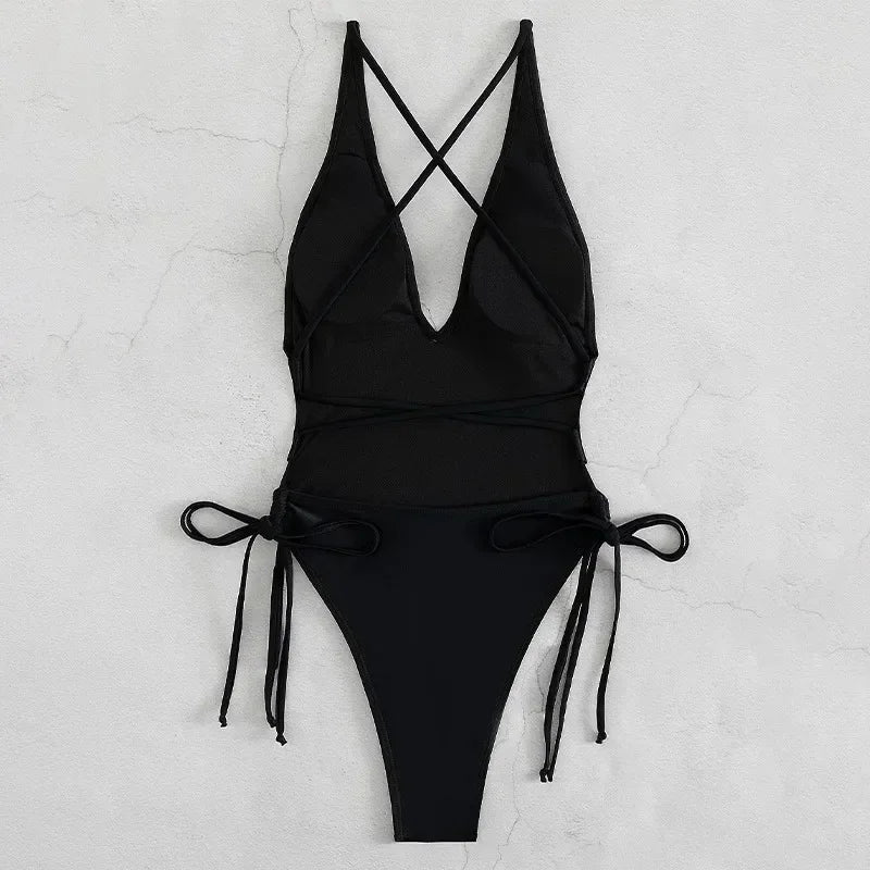 Sexy Deep V Neck One Piece Swimsuit Women Solid Yellow White Hollow Out Pleate Swimwear Beach Bandage Bathing Suit Monokini