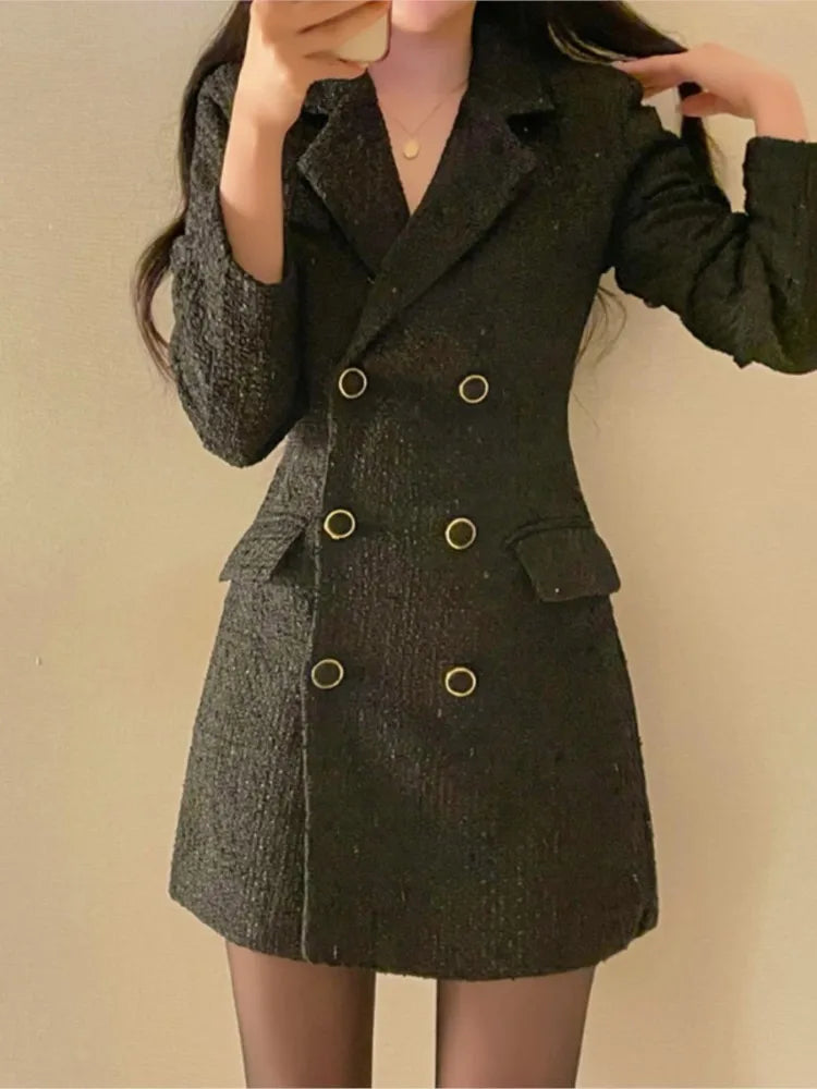 Autumn Winter Elegant Tweed Blazer Dress Double Breasted Slim Short Dresses for Women Korean Fashion Office Lady Coat Dress New