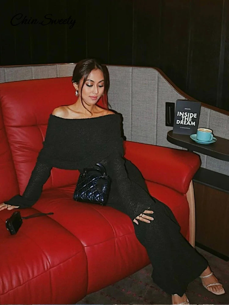 Beach Knitted Off The Shoulder Long Dress Women Slim Flare Sleeve Hollow Out Maxi Dresses 2025 Summer Lady Hip Package Robes