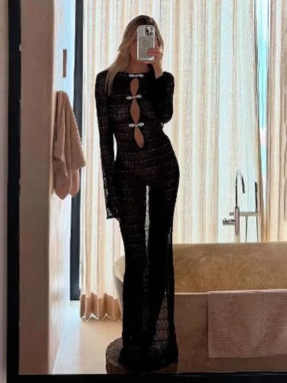 Hollow Slit Long Dress Women’s Beach Cover-up Bohemian Dress Floor-length Backless Mermaid Evening Gown Sexy Knit Dress