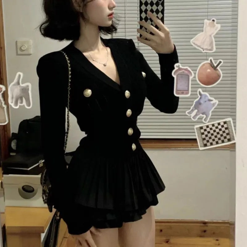 Autumn Korean Fashion Knitted Two-piece Skirt Set Women Casual Single Breasted V-neck Sweater Mini Ruffles Skirt Y2K New Outfits