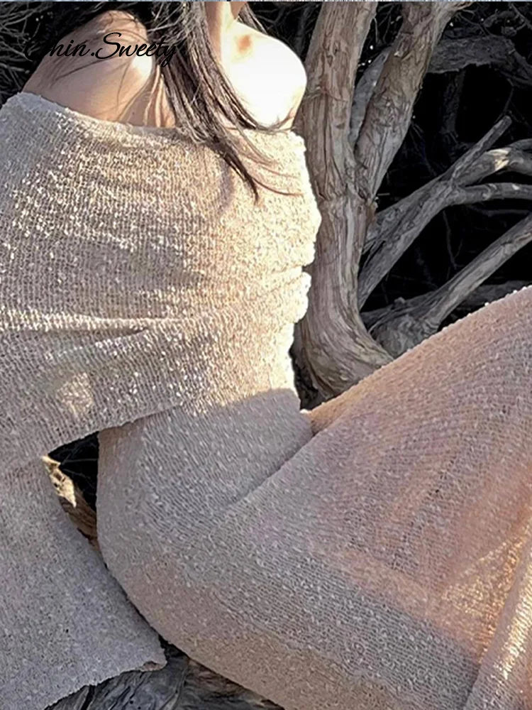 Beach Knitted Off The Shoulder Long Dress Women Slim Flare Sleeve Hollow Out Maxi Dresses 2025 Summer Lady Hip Package Robes