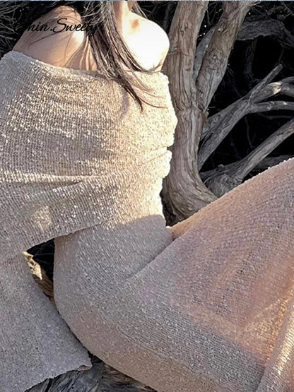 Beach Knitted Off The Shoulder Long Dress Women Slim Flare Sleeve Hollow Out Maxi Dresses 2025 Summer Lady Hip Package Robes
