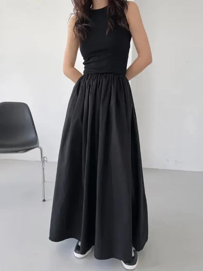 Women Elegant Long Dress Summer Sleeveless Korean Chic Dresses Ladies Vintage A Line Casual Long Robe Vestidos