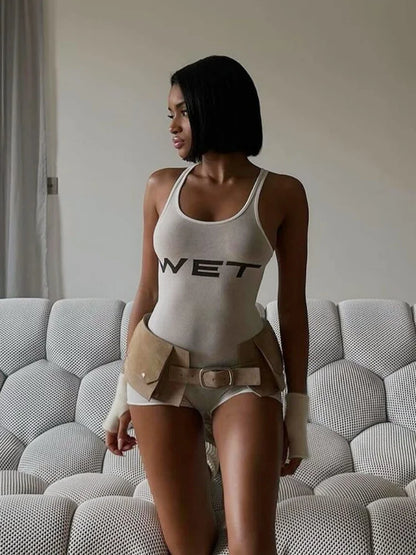 Mono de una pieza blanco con estampado de letras para mujer, mono sin mangas, mono corto ajustado, ropa de verano