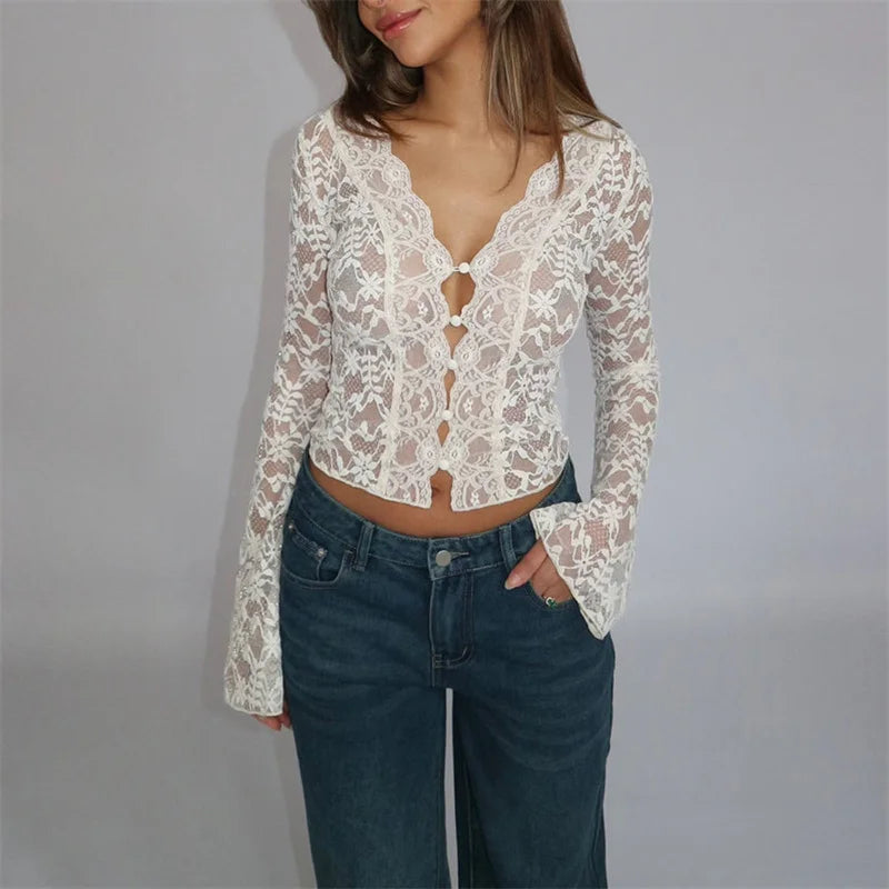 Aesthetic Lace Top Women y2k Sheer See Through Floral V Neck Flared Long Sleeve Blouse Elegant Ladies Shirt Streetwear