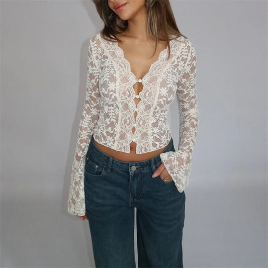 Aesthetic Lace Top Women y2k Sheer See Through Floral V Neck Flared Long Sleeve Blouse Elegant Ladies Shirt Streetwear