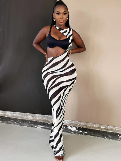 Vestidos largos ajustados para mujer, estilo playero, sin espalda, con agujeros, sexys, ropa Y2k con estampado de cebra