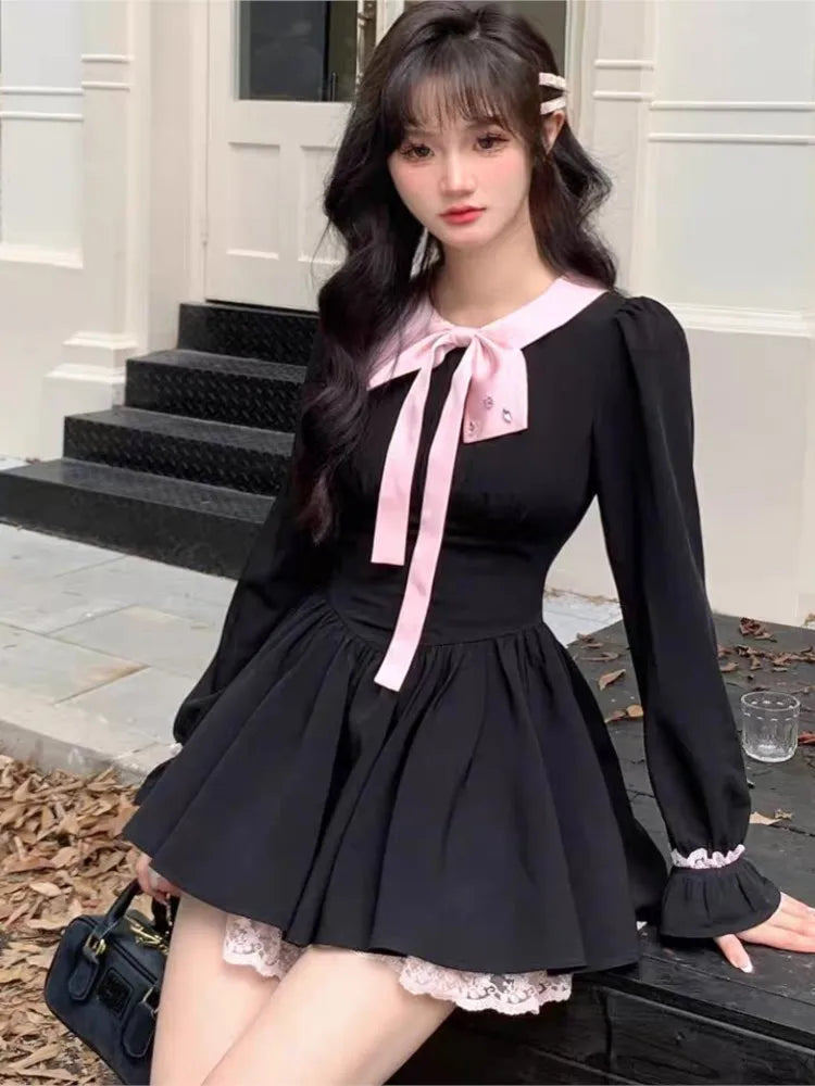 Y2K Black Short Dresses for Women Lace Ruffles Patchwork Long Sleeve A-line Princess Party Dress Korean One Piece Vestido New