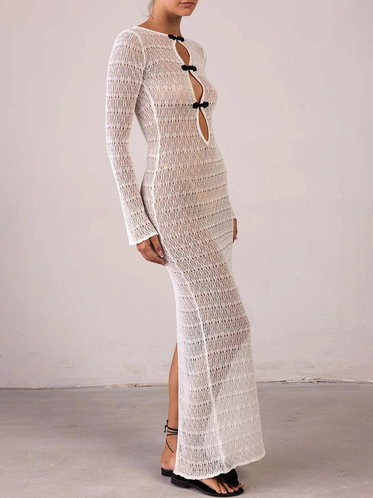 Hollow Slit Long Dress Women’s Beach Cover-up Bohemian Dress Floor-length Backless Mermaid Evening Gown Sexy Knit Dress