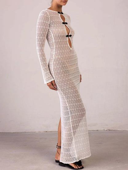 Hollow Slit Long Dress Women’s Beach Cover-up Bohemian Dress Floor-length Backless Mermaid Evening Gown Sexy Knit Dress