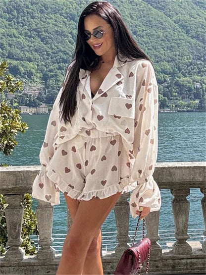 Autumn 2 Piece-Set Shorts For Women Printed Pocket Shirts And High Waist Slim Shorts Sets Female Casual Contrast Outfits