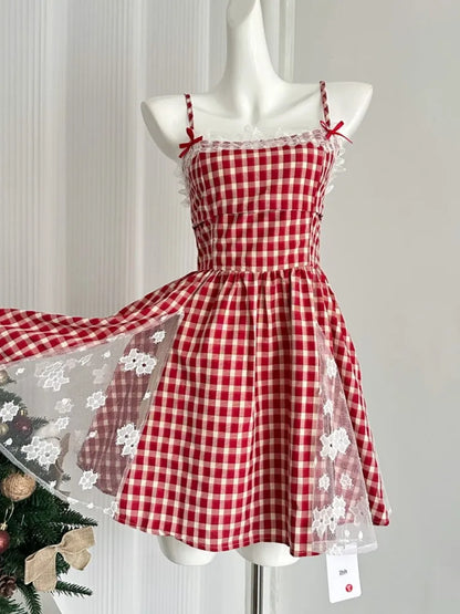 Minivestidos a cuadros rojos Y2K para mujer, con tirantes finos, de encaje y patchwork, corte en A, para fiesta de cumpleaños, moda coreana, vestido de una pieza