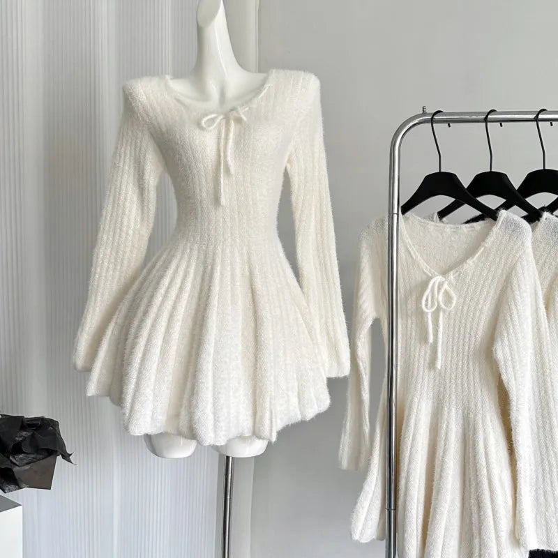 Autumn Winter Sexy Elegant Knitted Dresses for Woman Y2K Harajuku Slim Sweater Dress New Solid Chic Mini Party Dress