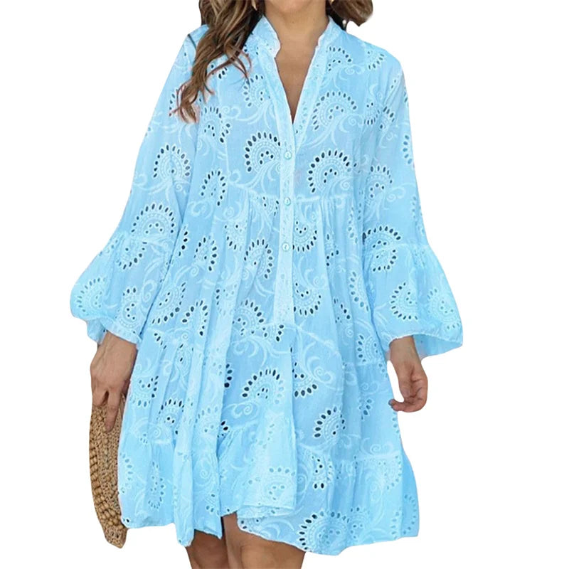Beach Dress  Women Embroidery Lace Eyelet Hollow Out 3/4 Sleeve Single Breasted Mini Dress y2k Vacation Dresses