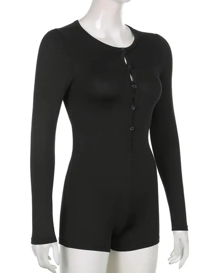 Mono negro liso ajustado de manga larga para mujer, ropa informal de una pieza, mono con cuello en V y botones, ropa de calle sexy
