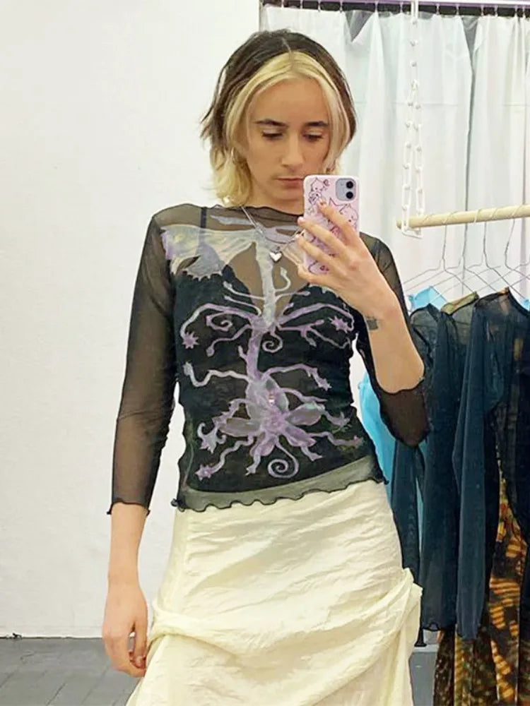 Abstract Print Graphic T Shirts For Women Clothes Y2k Accessories Mesh See Through Ropa De Mujer Bodycon Crop Top Quarter Sleeve