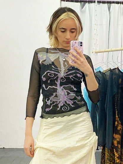 Abstract Print Graphic T Shirts For Women Clothes Y2k Accessories Mesh See Through Ropa De Mujer Bodycon Crop Top Quarter Sleeve