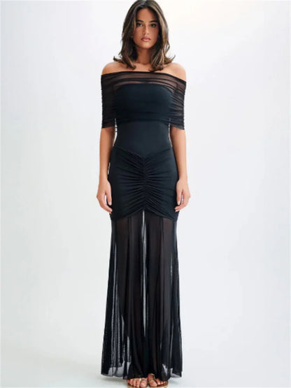 Autumn Mesh 2 Piece-Set Long Dress Women Off-Shoulder Pleated Elegant Bandeau Dress See-Through Female Maxi Dress Outfits