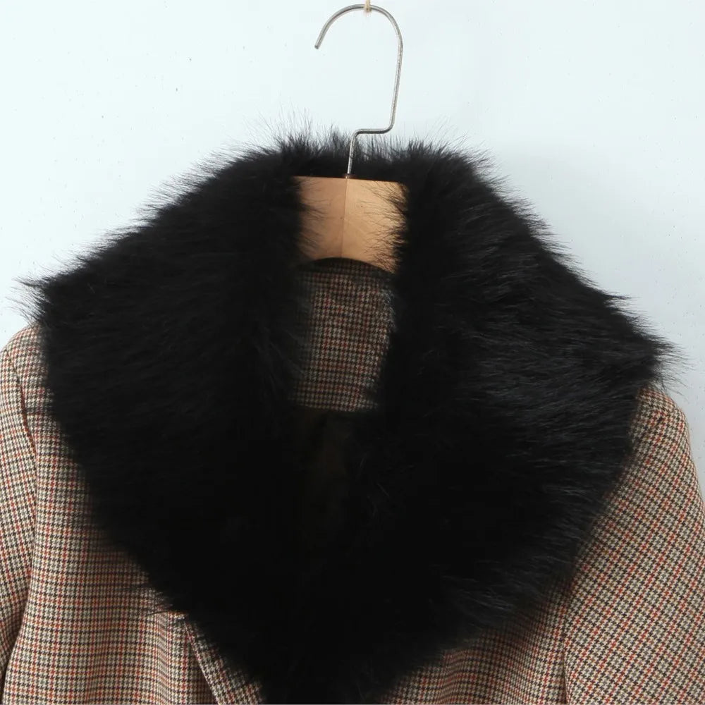 2 pieces 1 set Women Slim Boning Waist Removable Faux Fur Collar Houndstooth Plaid Blazer + High Waist A line Mini Skirt Suits