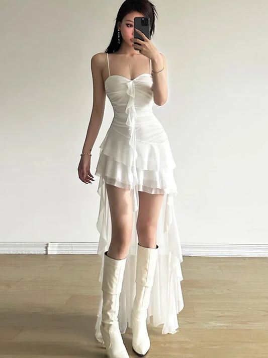 Y2K-Vestido midi de verano con tirantes finos y volantes irregulares para mujer, vestido de fiesta de cumpleaños, club, graduación, sexy