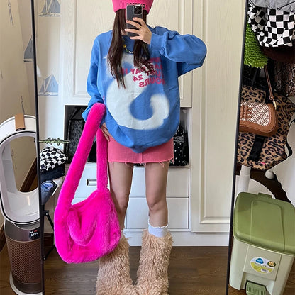 2000s Y2k Hot Girls Candy Color Rose Pink Plush Crossbody Shoulder Bag Women Winter Harajuku Street Fashion Faux Rabbit Fur Bags