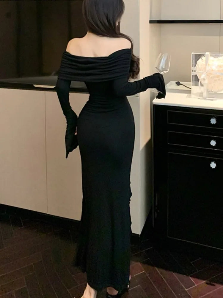 Sexy Bodycon Evening Dresses for Women Long Sleeves Slash Neck Ruffles High Slit Slim Korean Fashion One Piece Vestidos Mujer