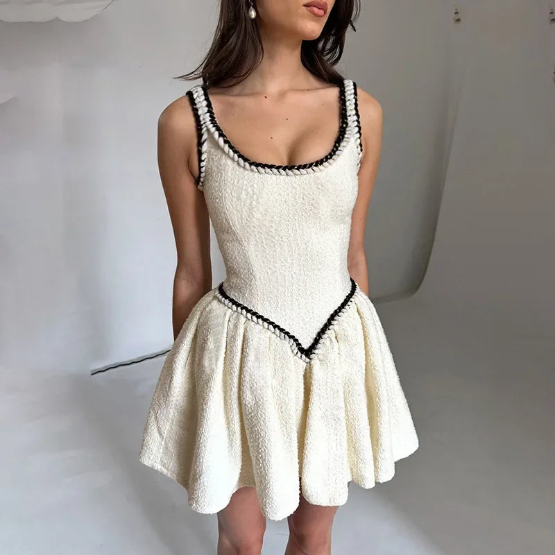 Chic Slim Suspender Dress Women’s Elegant Contrast Color Splice Sleeveless A-Line Mini Dresses Female Party Club Clothes