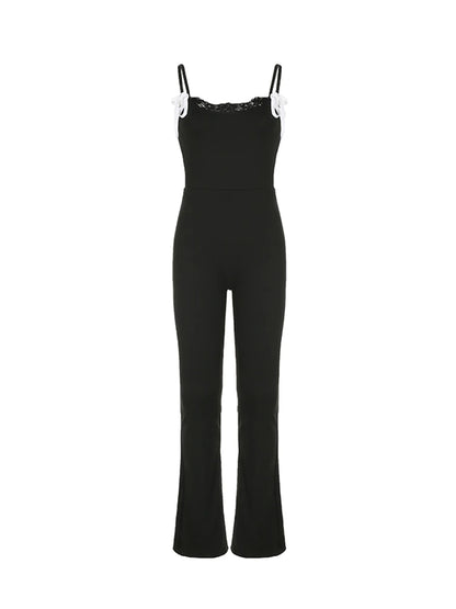 Black Solid Sleeveless Skinny Sexy Flared Jumpsuits Women Lace Trim Tie Bow Cute Sweet Y2K Slip Rompers