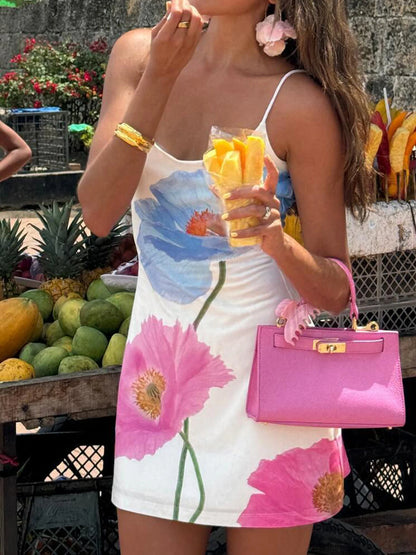 Backless Floral Print Romantic Vacation Boho Dress Women Sleeveless Sexy Summer Spaghetti Staps Short Dresses