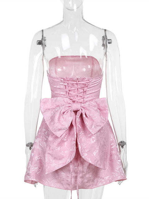 Backless Bow Sexy Mini Dress For Women Fashion Off-shoulder Strapless Sleeveless Bodycon Club Party Dress Elegant