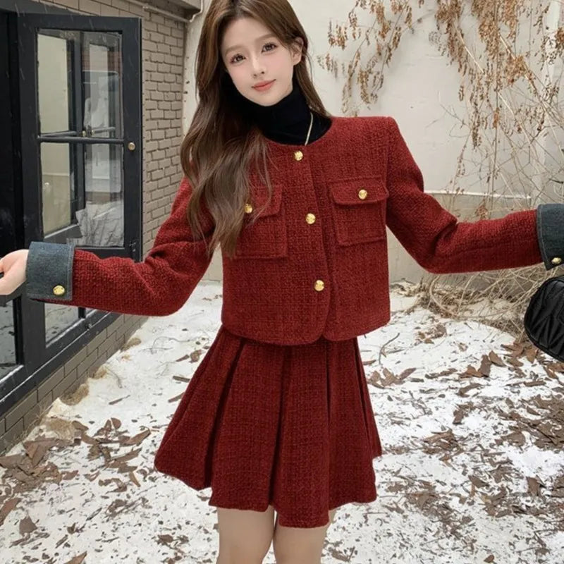 Autumn Winter New Red Tweed Two-piece Skirt Set Women Short Jacket Coat Pleated Mini Skirt Korean Fashion Chic Female Outfits