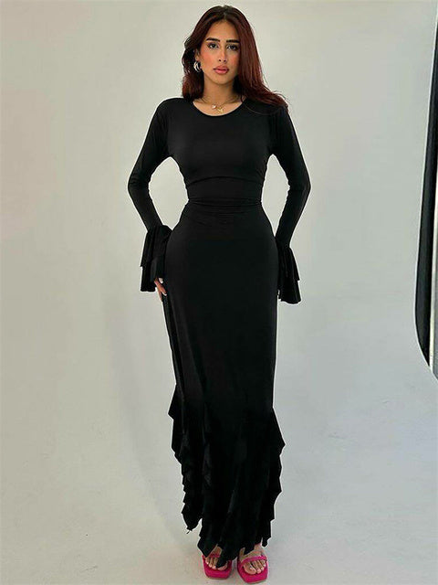 Bandage Ruffled Slim Maxi Dress Women’s Elegant Patchwork Lace-Up Solid Bodycon Dress Female Autumn  Long Dress Ladies