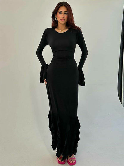 Bandage Ruffled Slim Maxi Dress Women’s Elegant Patchwork Lace-Up Solid Bodycon Dress Female Autumn  Long Dress Ladies