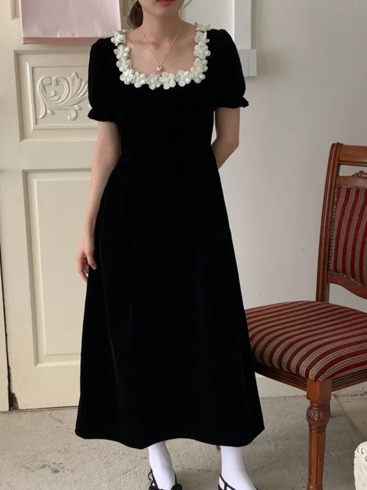 Autumn French Vintage Black Velvet Midi Dresses for Women Puff Sleeves Square Collar A-line Korean Fashion Vestido Mujer New