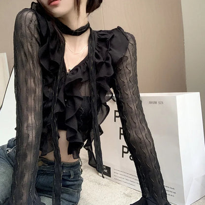 Camisa Y2K de los años 2000 para mujer, color liso, transparente, cuello en V, acampanado, manga larga, blusa con volantes, top corto, ropa de calle coqueta