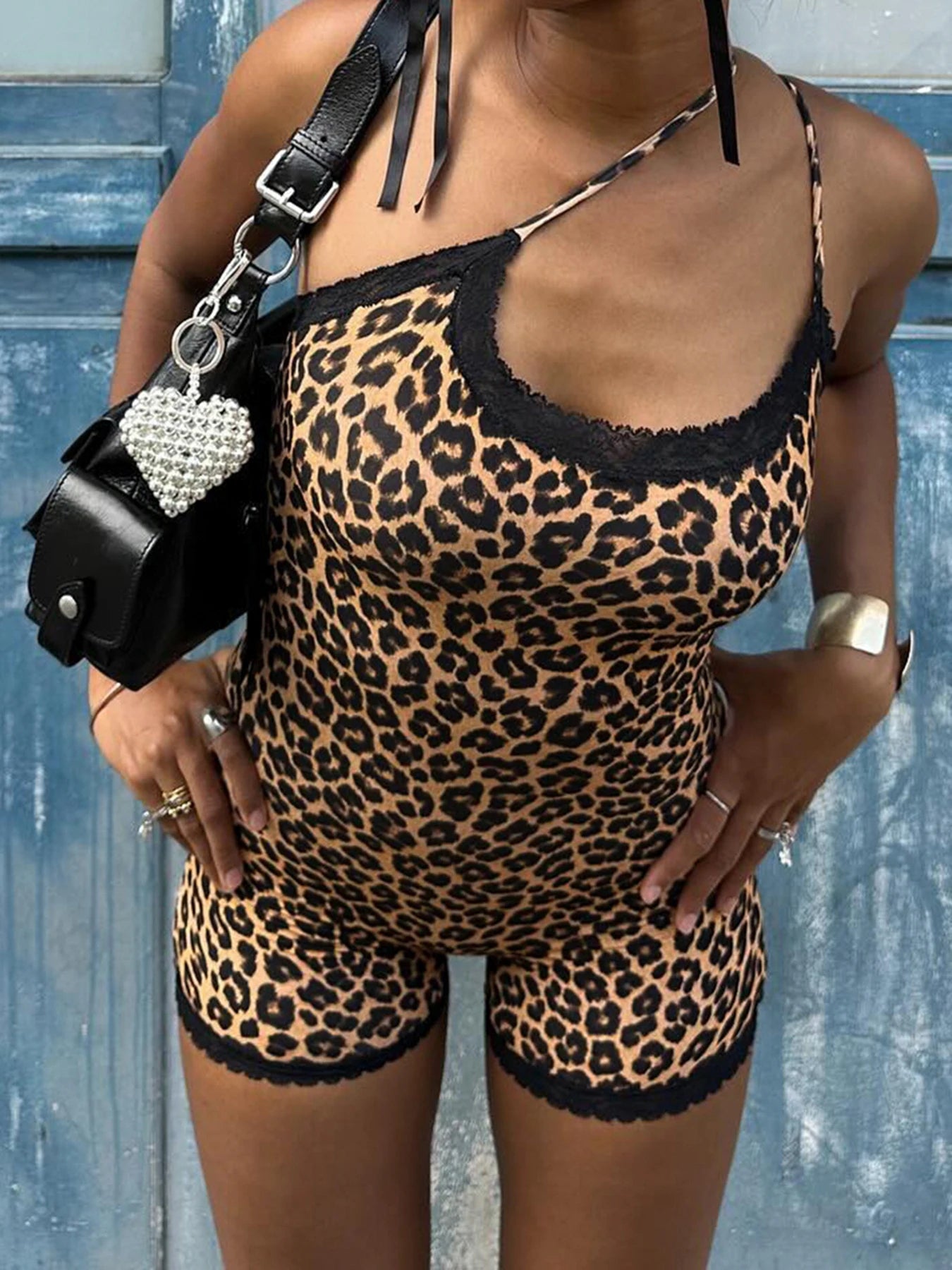 Sleeveless Skinny Sexy Leopard Rompers Contrast Lace Patchwork Camisole Bodys Women Vintage Rave Street Club Playsuit
